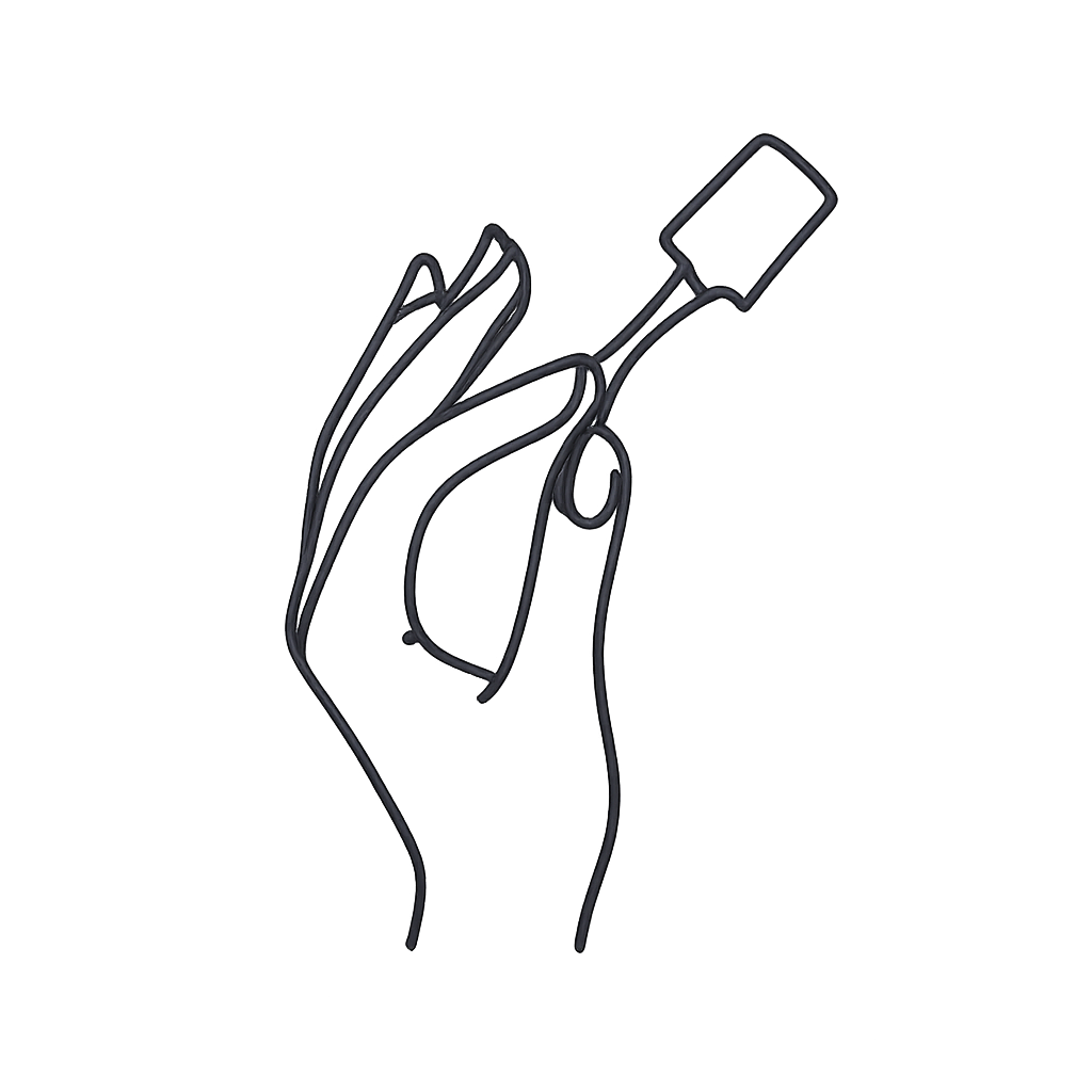 A hand-drawn outline of a hand holding what appears to be a bottle, with the palm facing upwards.